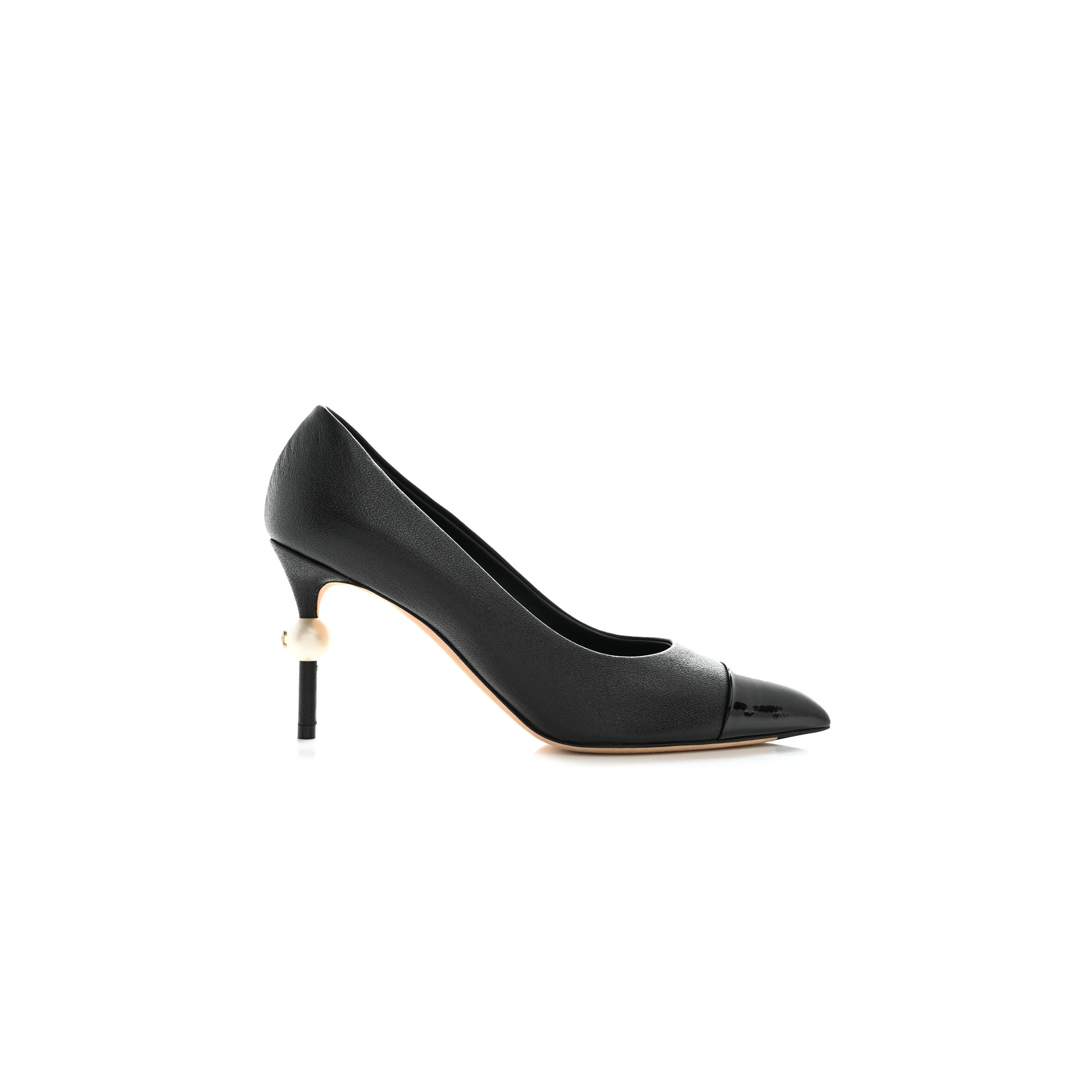 CHANEL GOATSKIN PATENT CALFSKIN CAP TOE CC PEARL PUMPS